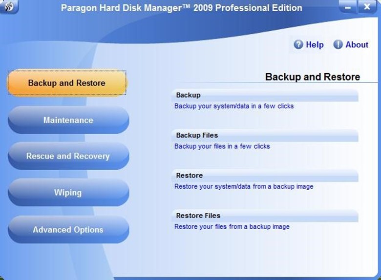 Главное меню Paragon Hard Disk Manager™ 2009 Professional Edition