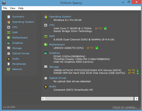 Speccy работает под управлением Windows 8.1.